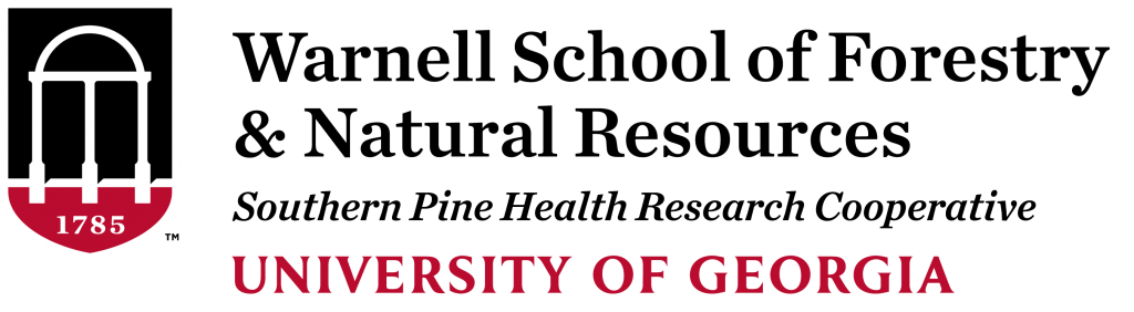 Southern Pine Health Research Cooperative logo. On the left is the University of Georgia three-legged arch. Beside that on the right is the text "warnell School of Forestry & Natural Resources" in large black letters. Underneath that is "Southern Pine Health Research Cooperative" in smaller, italicized black letters. Underneath that, in line with the bottom of the arch, is the text "University of Georgia" in medium-sized red letters, all capitalized.